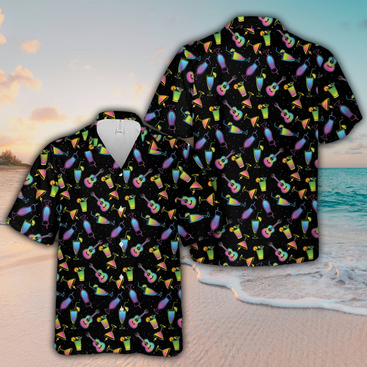 Lifestyle view of someone wearing the black neon cocktail hawaiian shirt