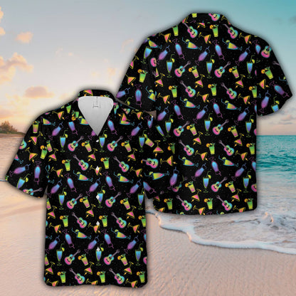 Lifestyle view of someone wearing the black neon cocktail hawaiian shirt