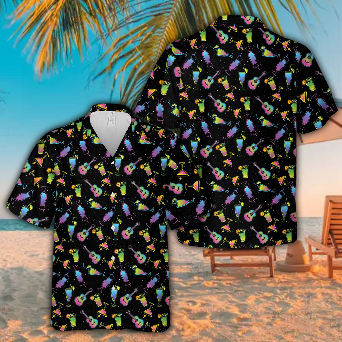 Family enjoying vacation in their neon guitar hawaiian shirts