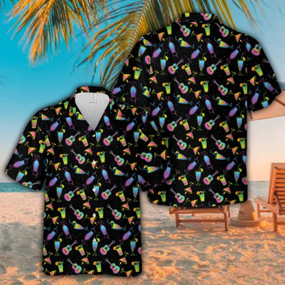 Family enjoying vacation in their neon guitar hawaiian shirts