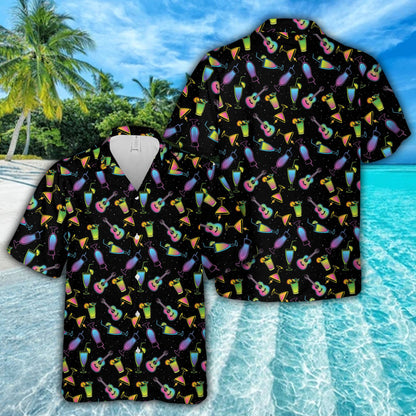 Close-up lifestyle view of the black tropical hawaiian shirt