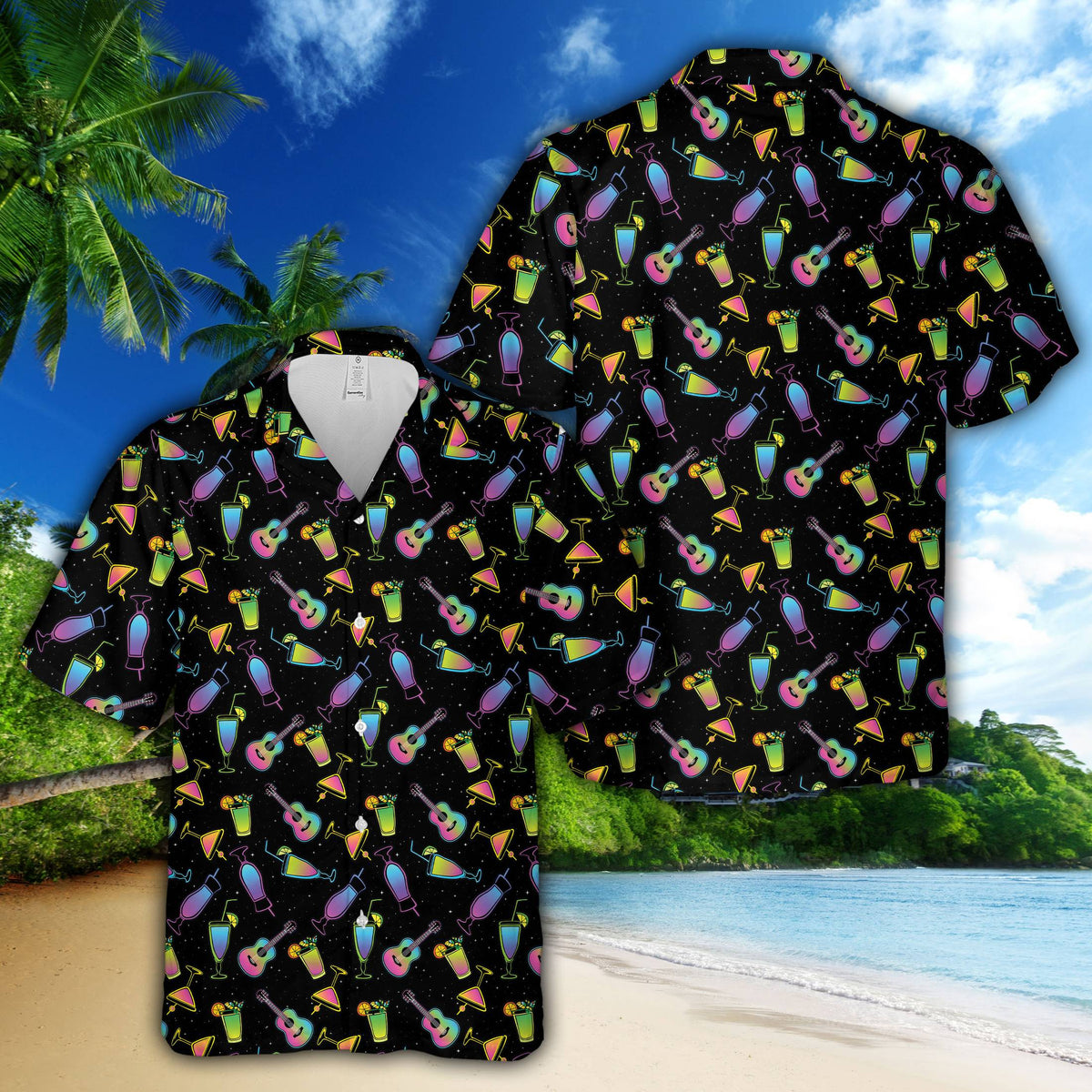 Group lifestyle view wearing matching hawaiian shirts