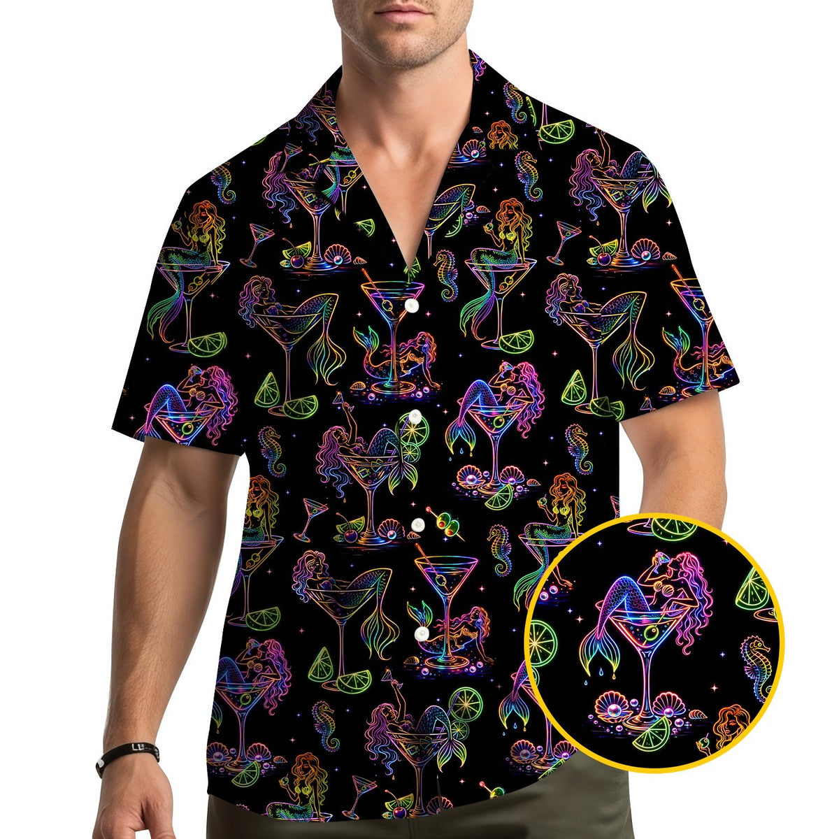 Person wearing the black tropical hawaiian shirt, lifestyle view