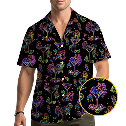 Person wearing the black tropical hawaiian shirt, lifestyle view