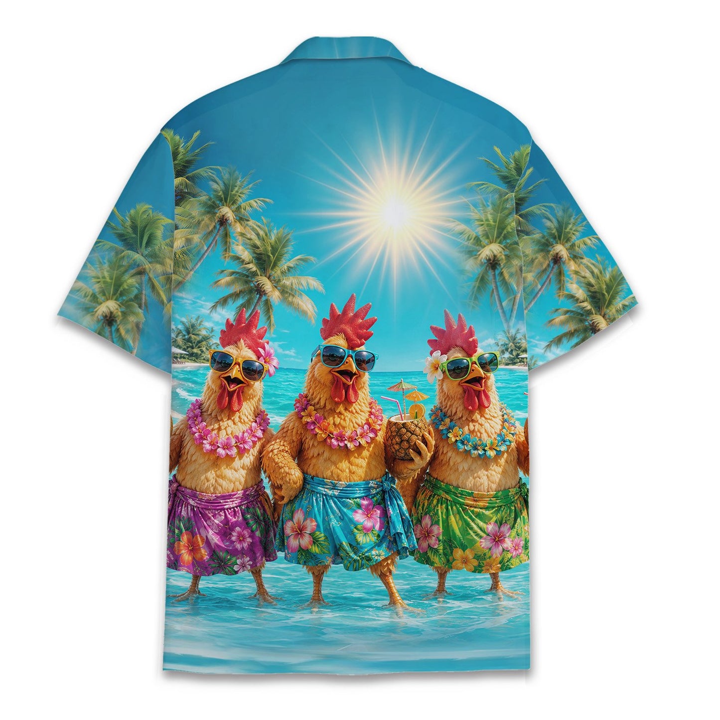 Tropical cartoon chicken hawaiian shirt, alternate back view