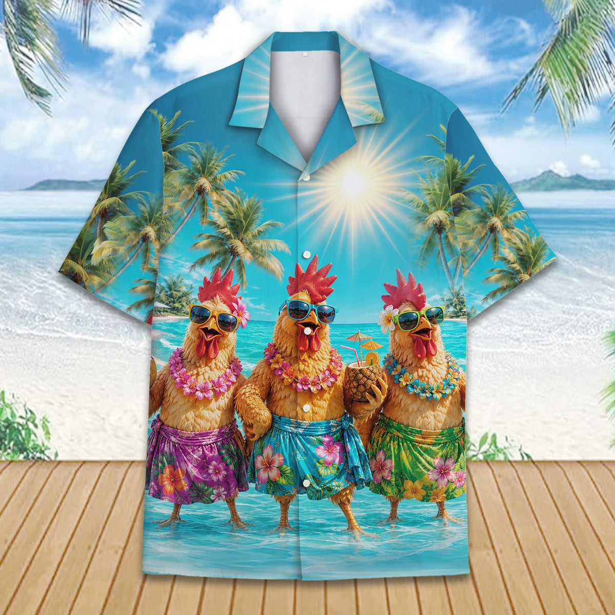 Tropical cartoon chicken hawaiian shirt, detailed back view