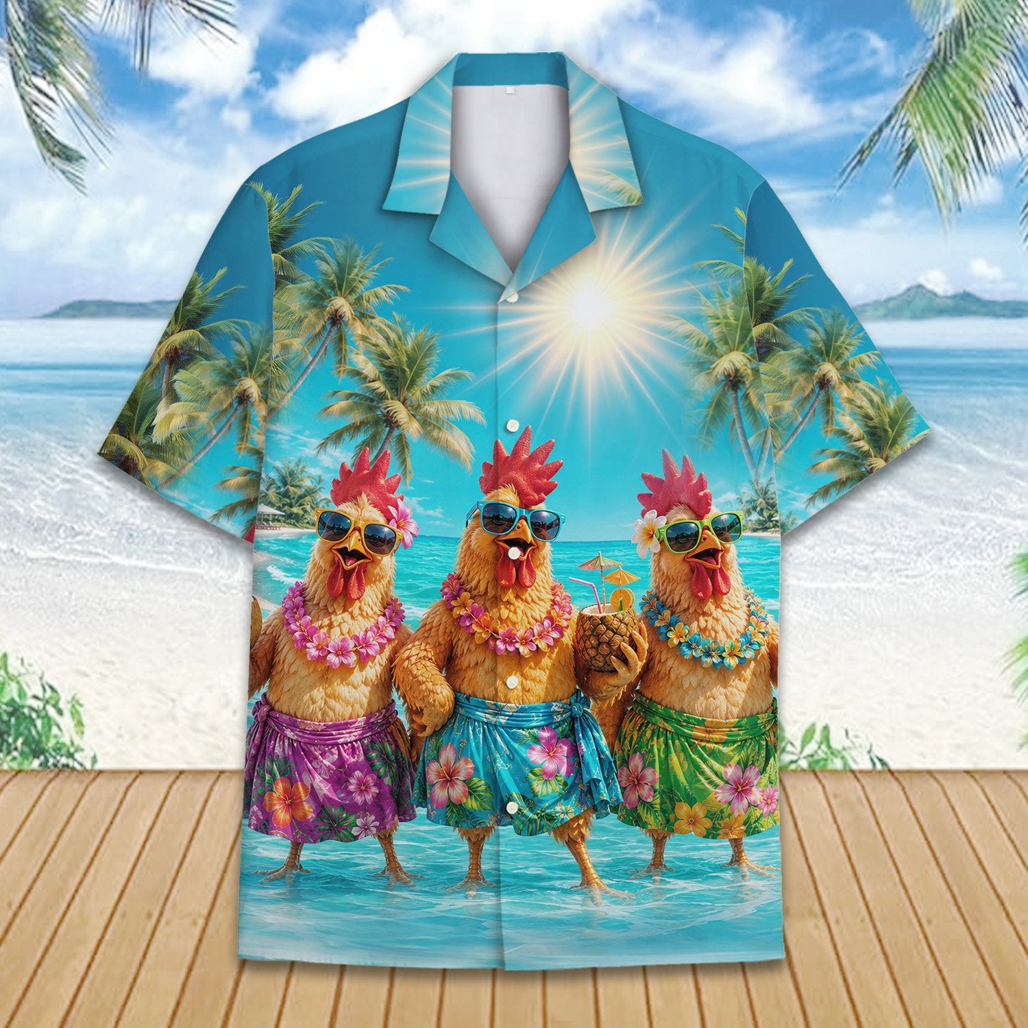 Tropical cartoon chicken hawaiian shirt, detailed back view