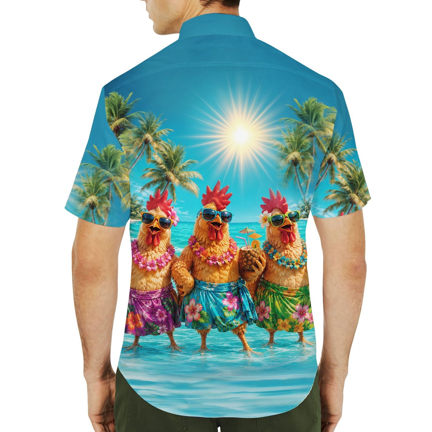 Tropical cartoon chicken hawaiian shirt, full back view