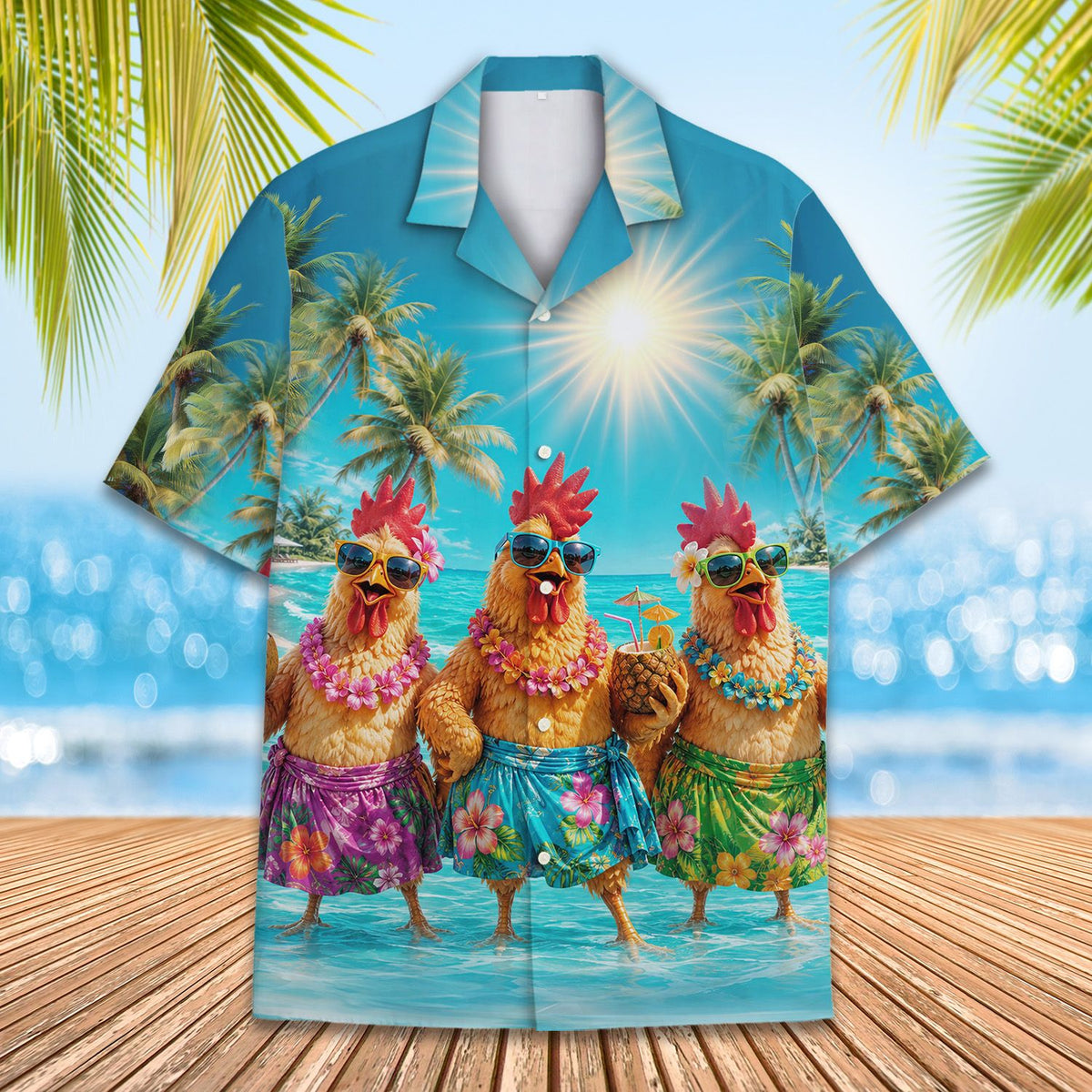 Tropical cartoon chicken hawaiian shirt, back view