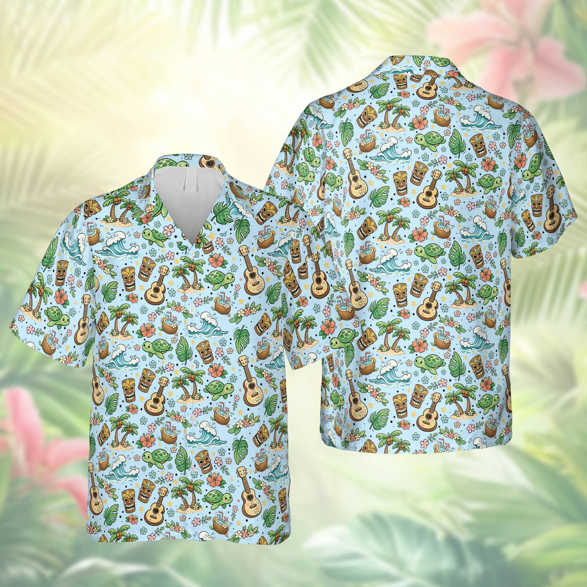 Tropical hawaiian shirt front view in blue