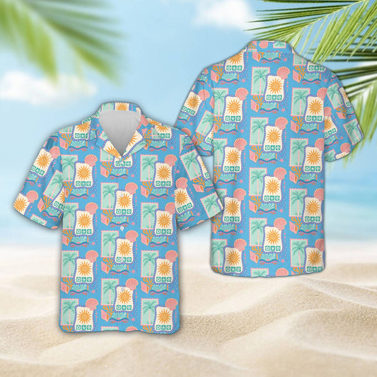 Matching family hawaiian shirts with a tropical blue stamp pattern, main view