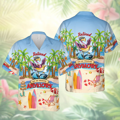 Matching family hawaiian shirts with tropical retired flamingo design, blue front view