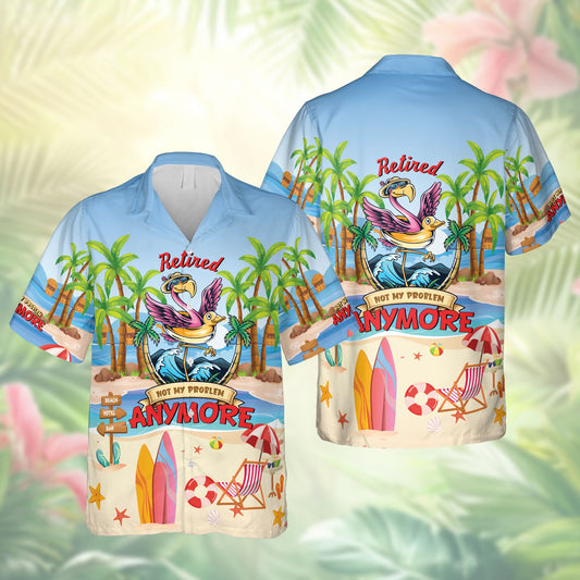 Matching family hawaiian shirts with tropical retired flamingo design, blue front view