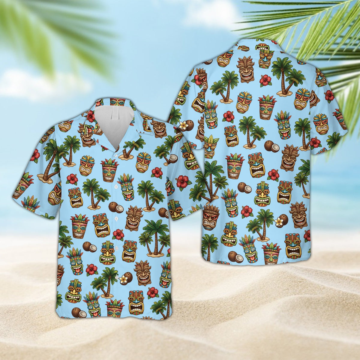 Light blue matching family hawaiian shirt with tropical tiki pattern, front view