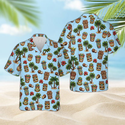 Light blue matching family hawaiian shirt with tropical tiki pattern, front view