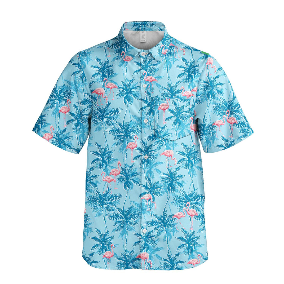 Matching family Hawaiian shirt with palm trees and flamingos, front view