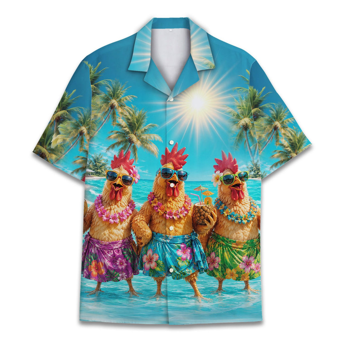 Tropical matching family hawaiian shirt with photo quality cartoon chicken print, front view