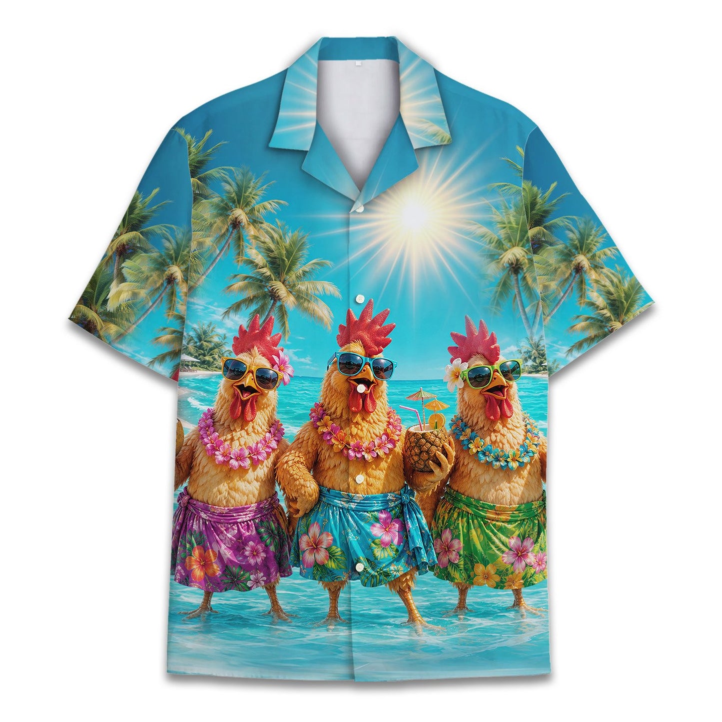 Tropical cartoon chicken hawaiian shirt, front view