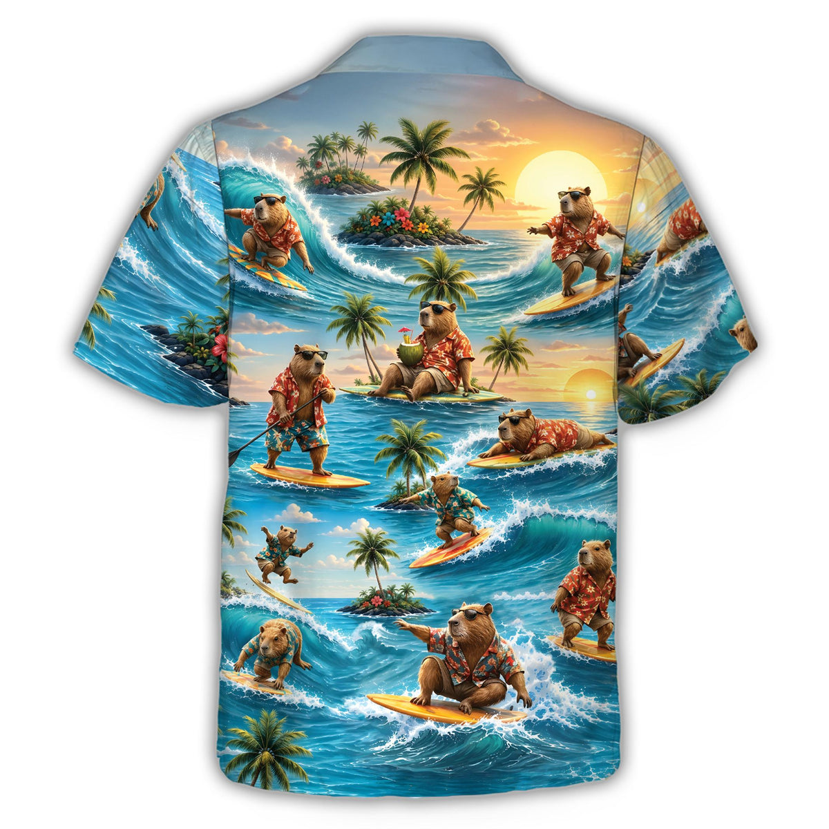 Back view of the tropical capybara surf hawaiian shirt with palm trees and surfing capybaras