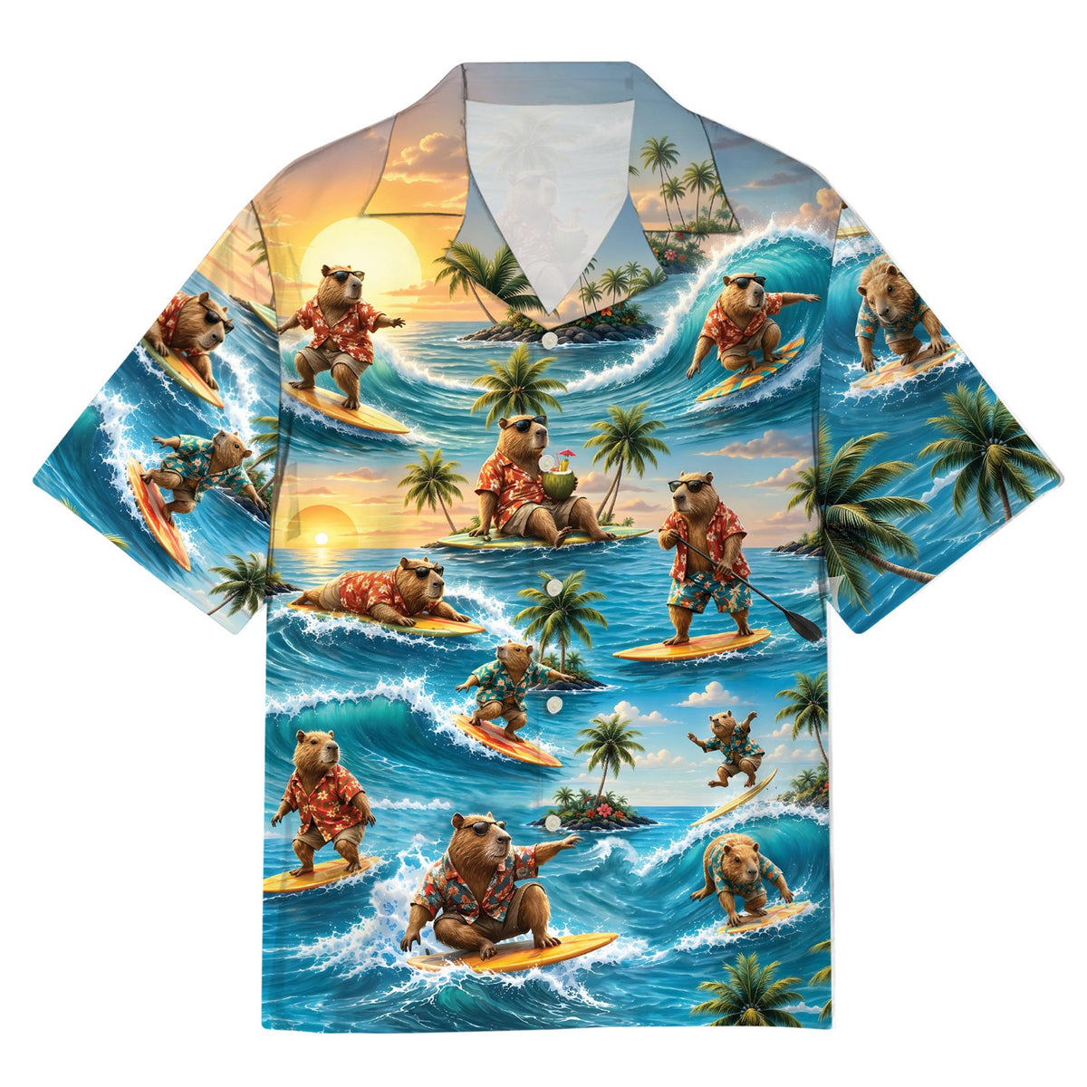 Front view of the tropical capybara surf hawaiian shirt featuring an ocean sunset pattern
