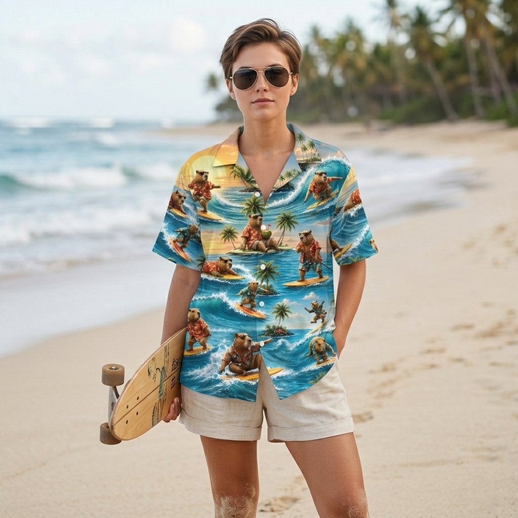 Lifestyle view of a person relaxing in the capybara hawaiian shirt