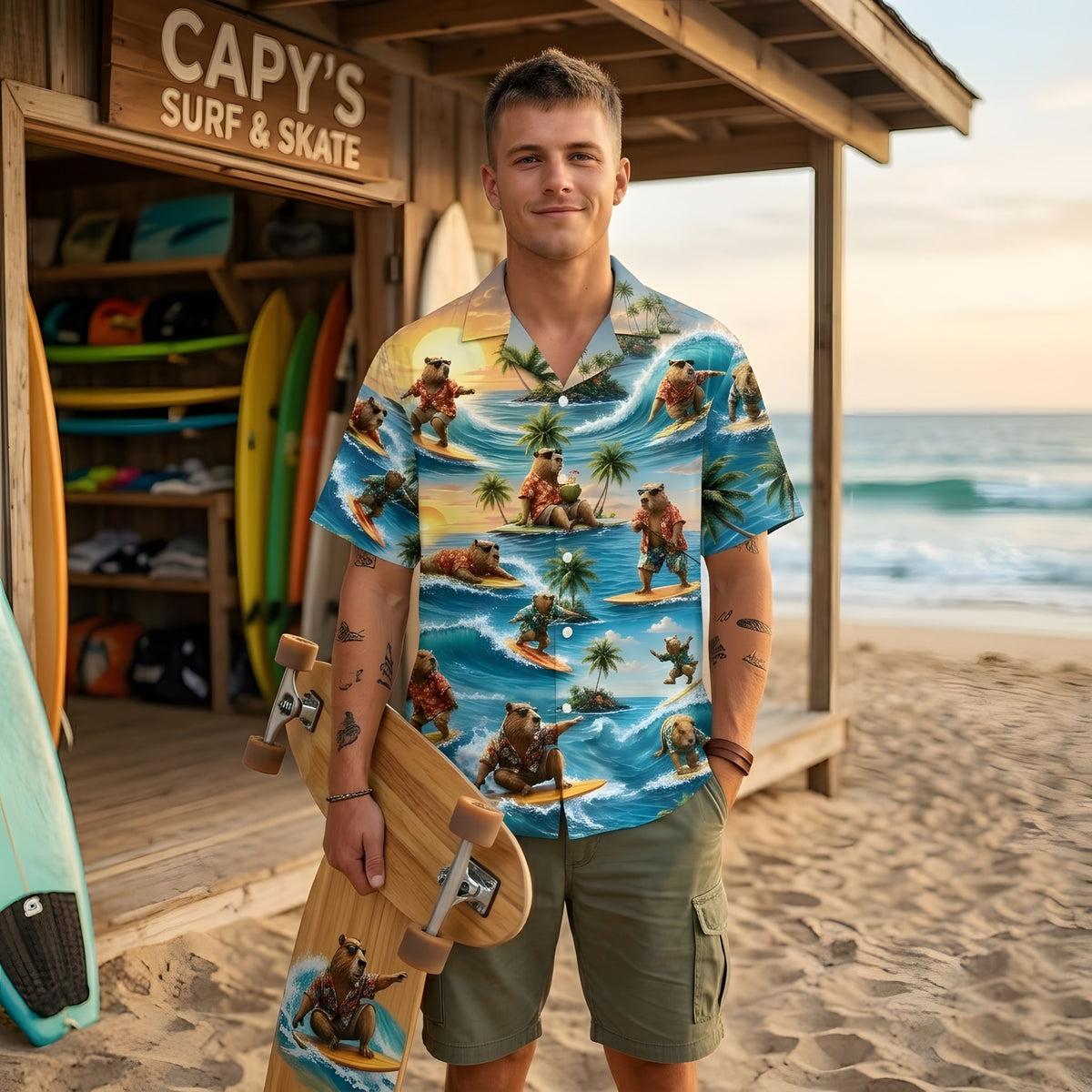 Side lifestyle view showing the tropical pattern of the shirt