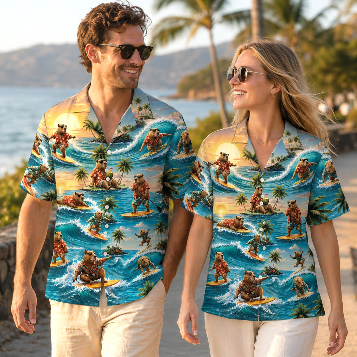 Outdoor lifestyle shot of the tropical capybara surf hawaiian shirt