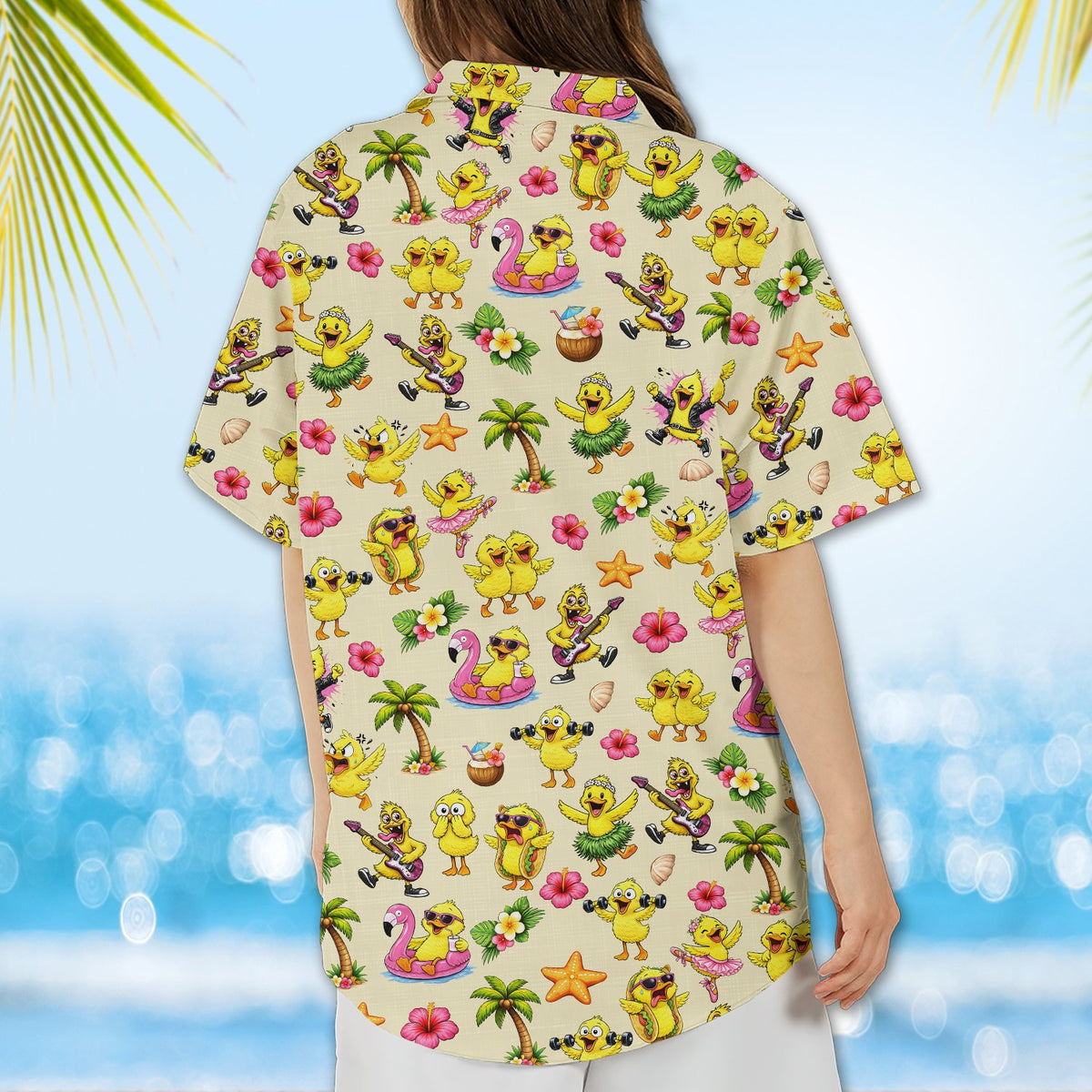 Detailed back view showing the cartoon chicks and palm trees design
