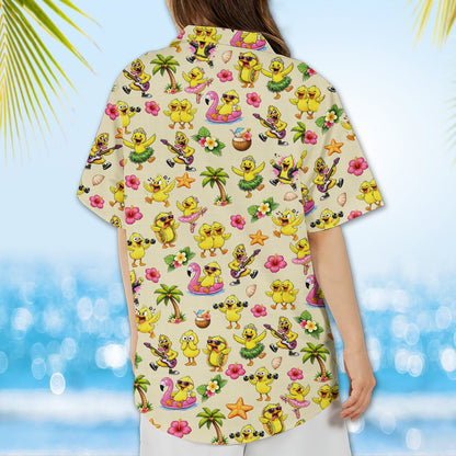 Detailed back view showing the cartoon chicks and palm trees design