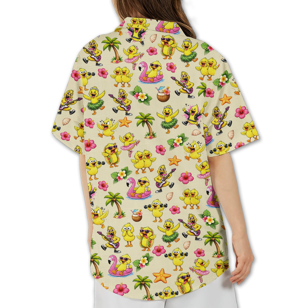 Back view of the tropical cartoon chicks hawaiian shirt