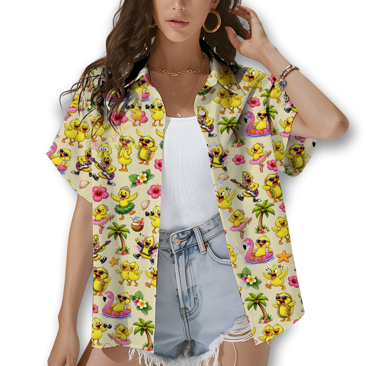 Detailed front view of the tropical cartoon chicks hawaiian shirt