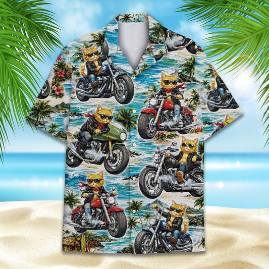 Main view of the tropical cat motorcycles matching family hawaiian shirt in light blue