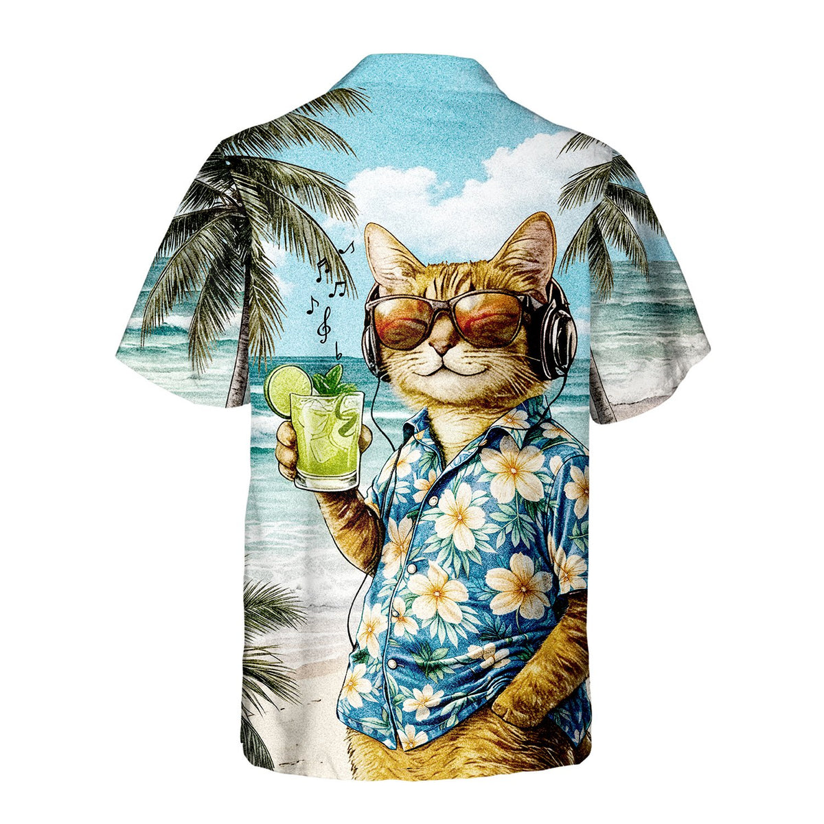 Back view of the matching family Hawaiian shirt showing the all-over print