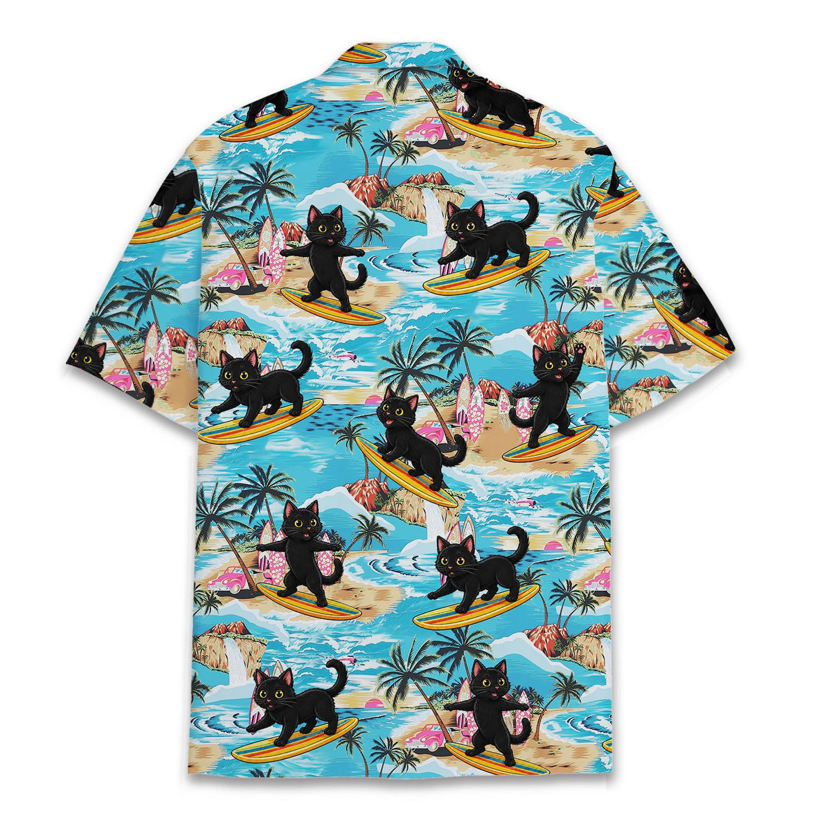 Back view of the tropical surfing cat Hawaiian shirt