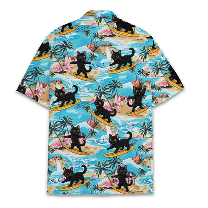 Back view of the tropical surfing cat Hawaiian shirt