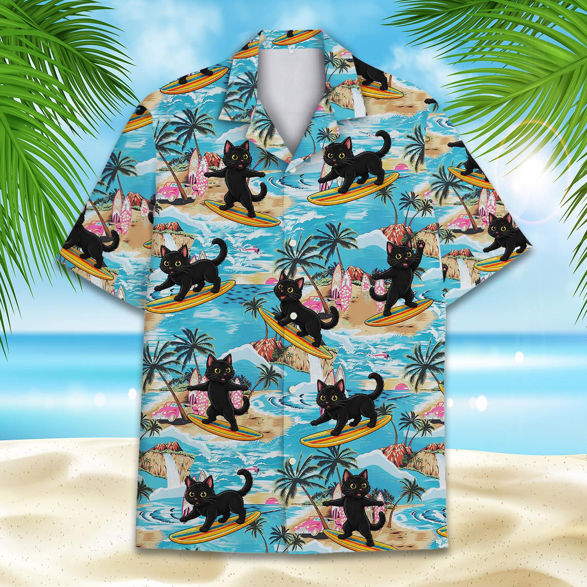 Detailed front view of the light blue Hawaiian shirt with surfing black cats
