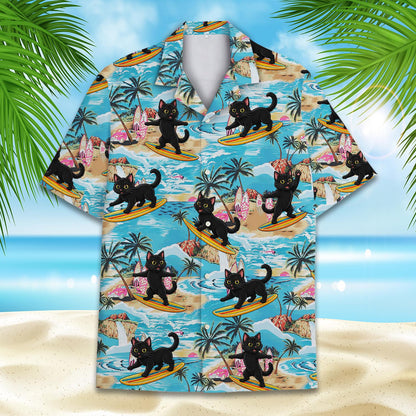 Detailed front view of the light blue Hawaiian shirt with surfing black cats
