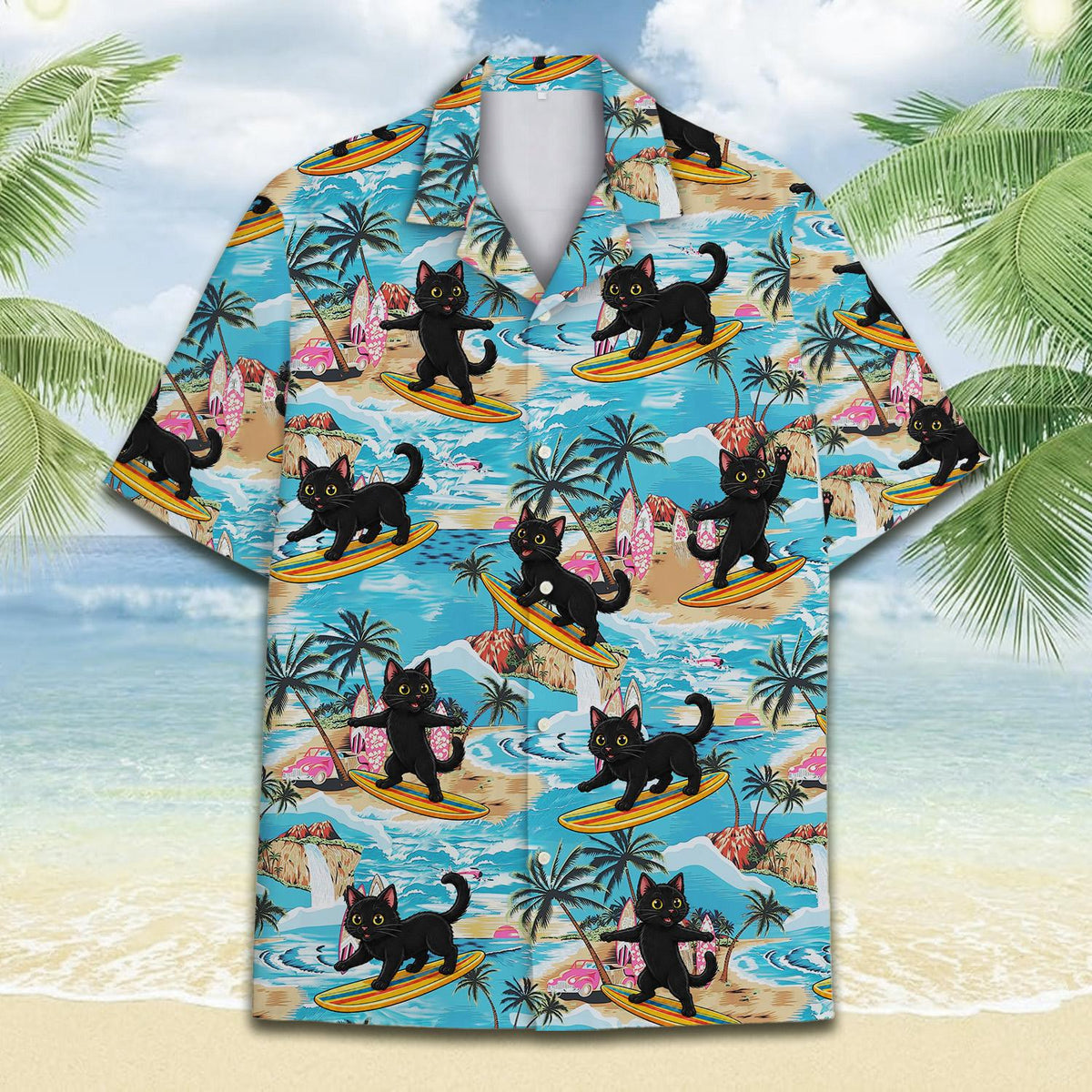 Close-up front view highlighting the tropical cat and palm tree design