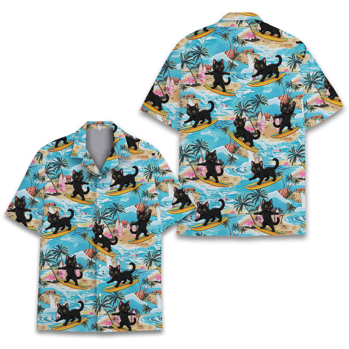 Another close-up front view of the tropical cat Hawaiian shirt pattern