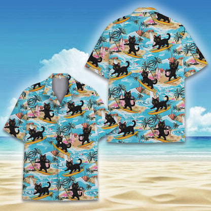 Detailed shot of the buttons and fabric on the tropical cat Hawaiian shirt