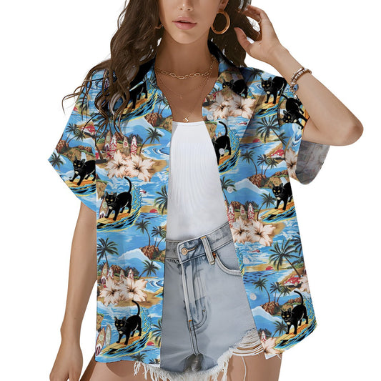 Matching family hawaiian shirts with surfing feline beach design in light blue, front view