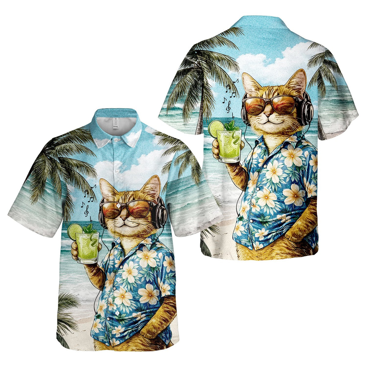 Front view of the tropical beach matching family Hawaiian shirt