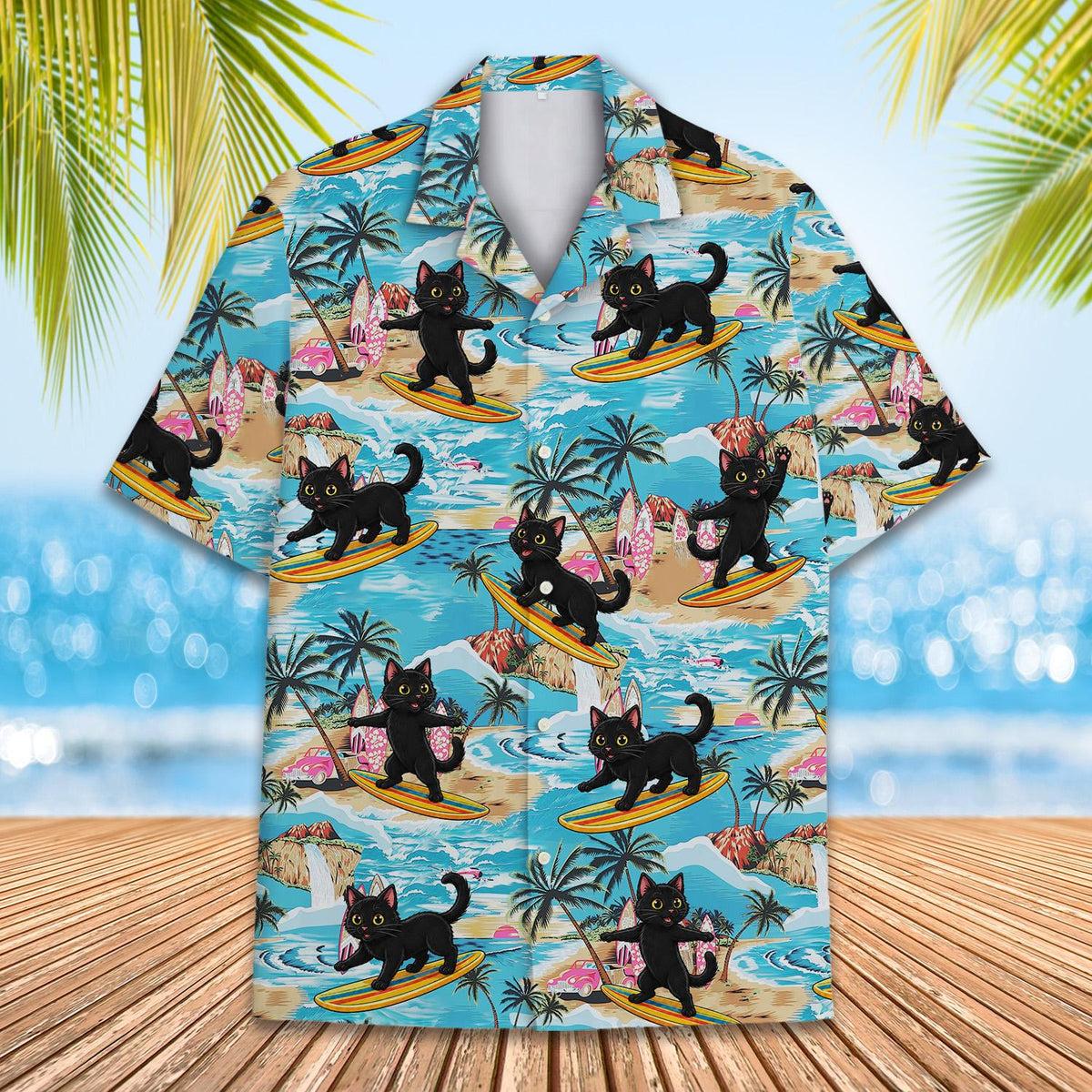 Matching family Hawaiian shirt with tropical surfing cat print, main view
