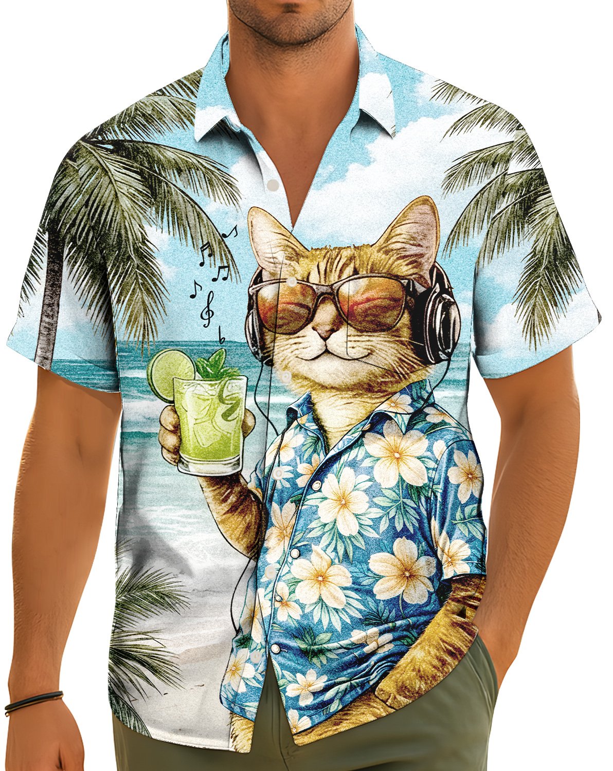 Lifestyle view of a person wearing the tropical beach matching family Hawaiian shirt