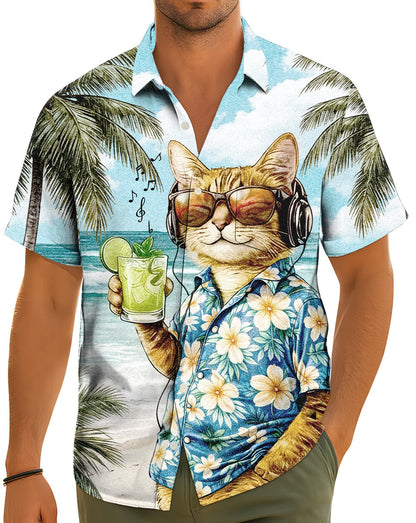 Lifestyle view of a person wearing the tropical beach matching family Hawaiian shirt