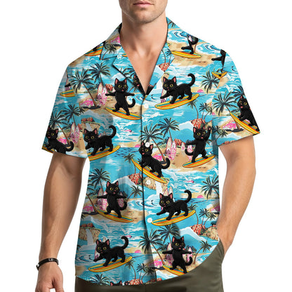 Lifestyle view of a person wearing the tropical surfing cat Hawaiian shirt