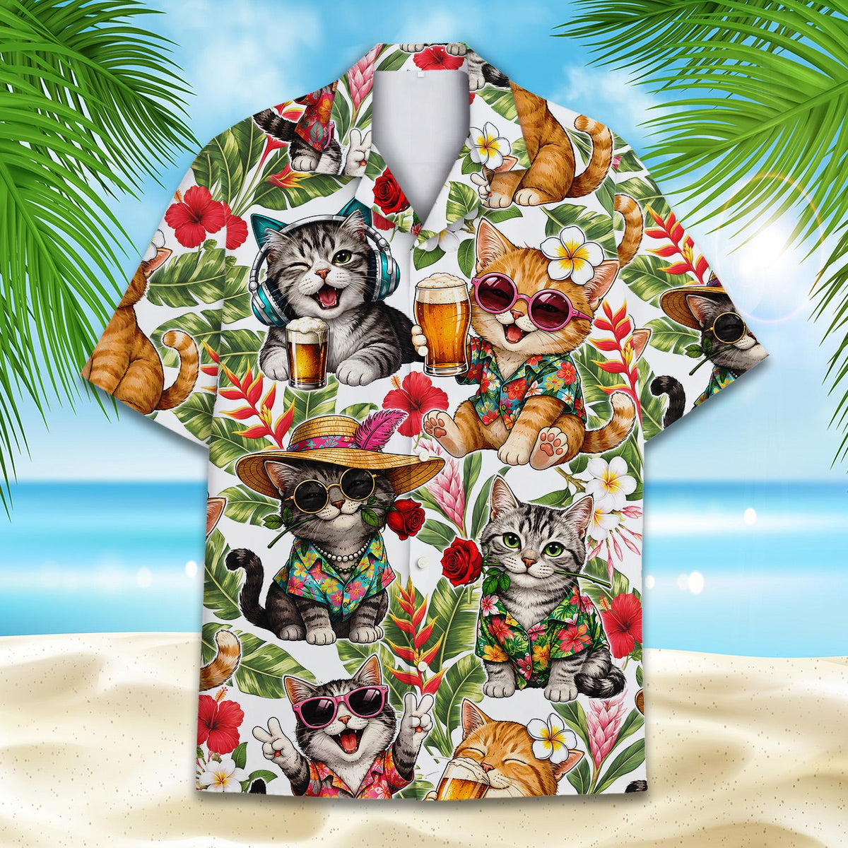 Another front view of the matching family hawaiian shirts showing colorful cats and flowers