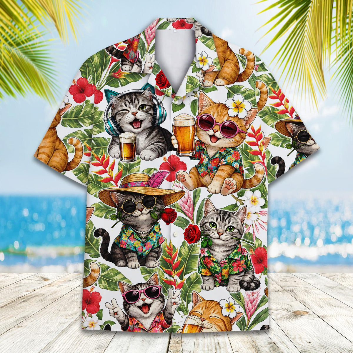 Close-up front view of the floral hawaiian shirt pattern with cats holding drinks