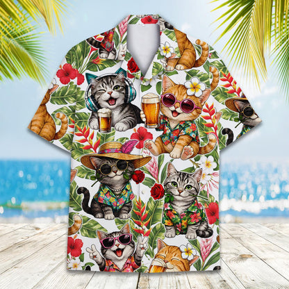 Close-up front view of the floral hawaiian shirt pattern with cats holding drinks