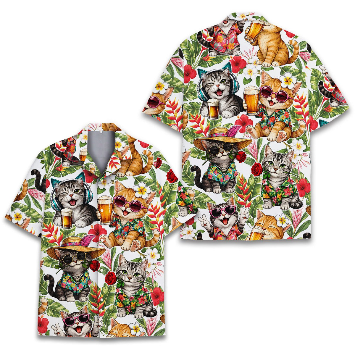 Detailed front perspective of the cartoon cat hawaiian shirt